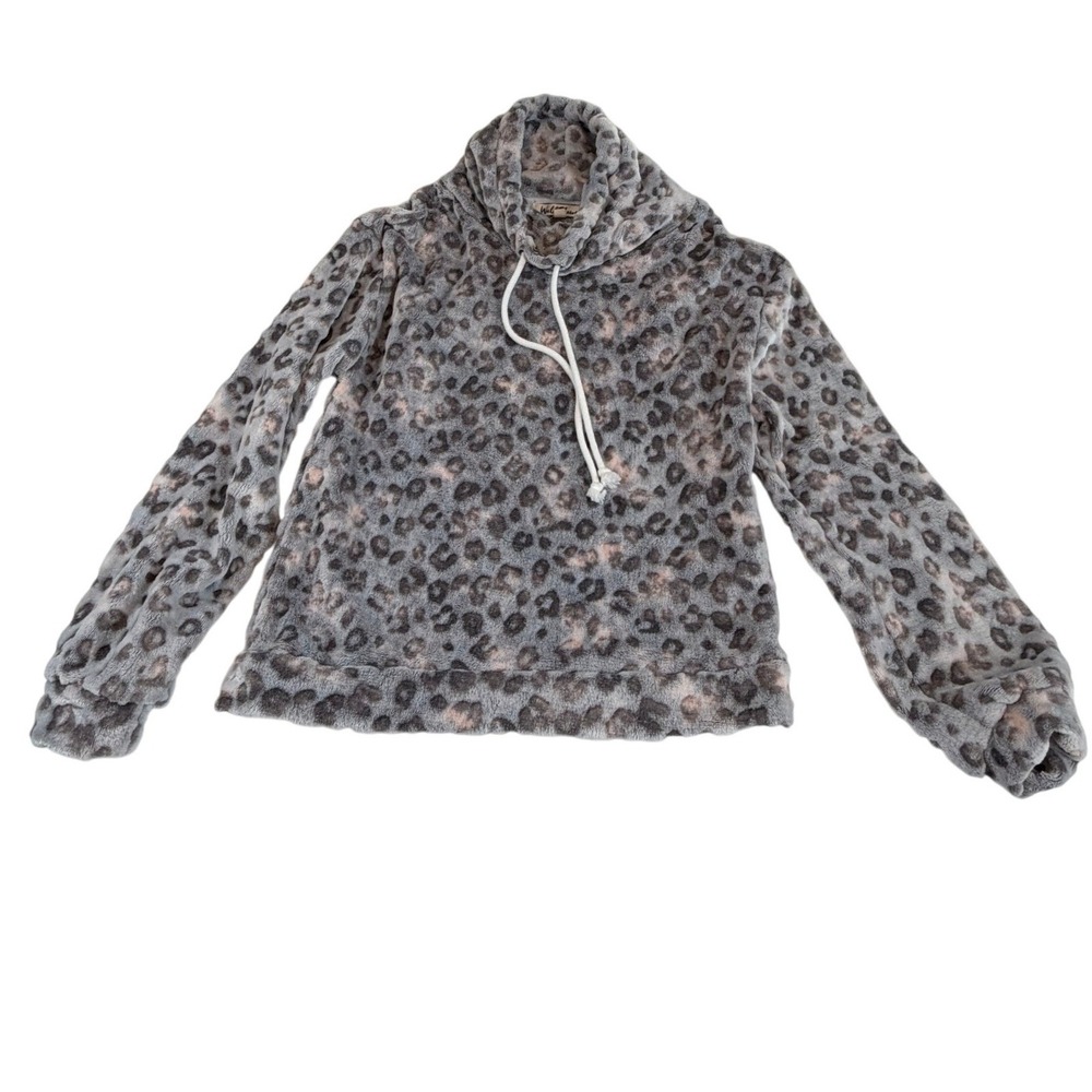 WallFlower Grey Leopard Print Plush Fleece Cowl Neck Hoodie Women's Size Large